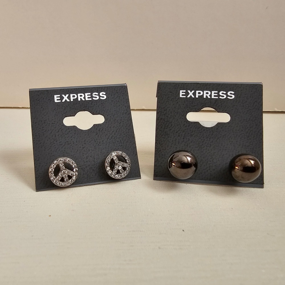 Express Silver Peace Sign Stud‎ Earrings & Gunmetal Ball Stud Earrings Set NWT